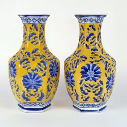 Chinese Ceramic Vase-Blue & Yellow 5 Traditional Chinese Ceramic Blue & Yellow Lotus Bloom Haxagonal Vase